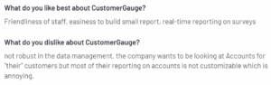 A screenshot of a customer review on CustomerGauge from the G2 platform explaining what they like and dislike about the tool