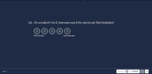 The image shows a feature adoption survey where the customer is being asked how easy was it for them to use the Text Analytics feature.