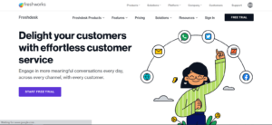 The image showing Freshdesk’s homepage as it is also one of the B2B manufacturing feedback platforms