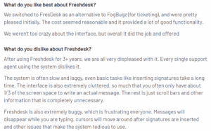 A screenshot of a customer review on Freshdesk from the G2 platform explaining what they like and dislike about the tool