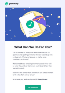 This image shows a survey by Grammarly where the respondent will be incentivized with a gift card upon completion of the survey.