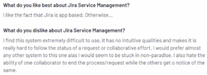 A screenshot of a customer review on Jira Service Management from the G2 platform explaining what they like and dislike about the tool