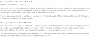 A screenshot of a customer review on Microsoft Forms from the G2 platform, highlighting what they appreciate and find lacking in the tool.