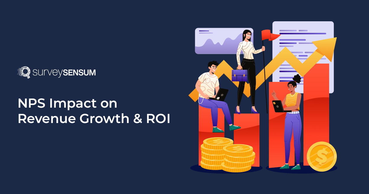 Banner image of NPS impact on revenue growth where employees can be seen brainstorming and the background shows a upward growth of the business