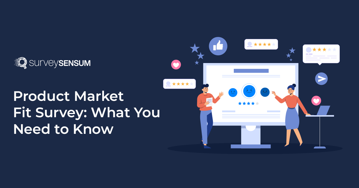 The banner image for the blog titled "Product Market Fit Surveys: What You Need to Know" depicts a male analyzing the product while a female shares market insights to ensure its market suitability.