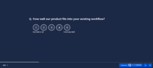 An image showing Product market fit CSAT survey asking how well our product fits into your existing workflow on the 5-point rating scale where 1 stands for not well at all and 5 stands for extremely well. 