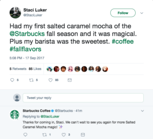 An image showing a tweet from Staci Luker who tried salted caramel mocha for the first time and appreciated Starbucks and in return, Starbucks replied with a note of thanks.