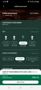 The images show the customization of drinks by Starbucks via the app