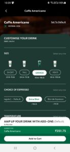 The image shows order customization through the Starbucks app where users can customize the size, flavour, and add-ons of their orders
