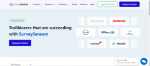 An image showing SurveySensum’s Customers page including Nissan, Mercedes-Daimler, Astra Honda Motor, Indosat, Manulife, etc. on their website 