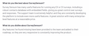 A screenshot of a customer review on SurveySensum from the G2 platform explaining what they like and dislike about the tool