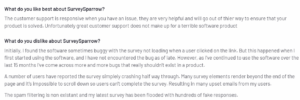 A screenshot of a customer review on SurveySparrow from the G2 platform explaining what they like and dislike about the tool