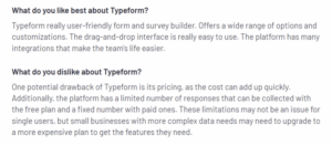 A screenshot of a customer review on Typeform from the G2 platform explaining what they like and dislike about the tool