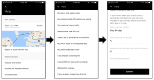A screenshot of  Uber’s customer in-app support flow presents users with an intuitive and easy-to-use interface that highlights trip details and suggests issue types to help with routing.