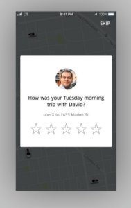  The image shows an in-app survey on the Uber app. Here the user is asked to rate the ride