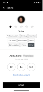 A screenshot of Uber’s in-app survey to know users' feedback post-ride 