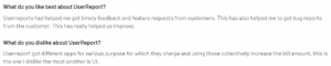 A screenshot of a customer review on UserReport from the G2 platform explaining what they like and dislike about the tool