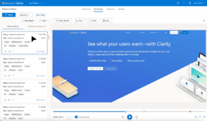 The image shows customer journey analytics with Windows Clarity. Here user interaction can be traced from entry point to exit point.