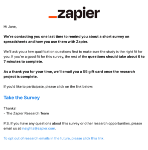 The image shows a personalized survey by Zapier in which the survey addresses the respondent by their name.