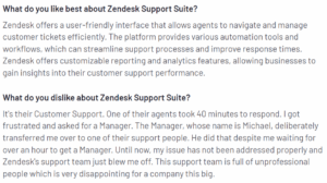 A screenshot of a customer review on Zendesk from the G2 platform explaining what they like and dislike about the tool