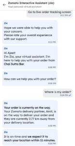 A screenshot of Zomato’s virtual assistant helping its customers in tracking live orders. 