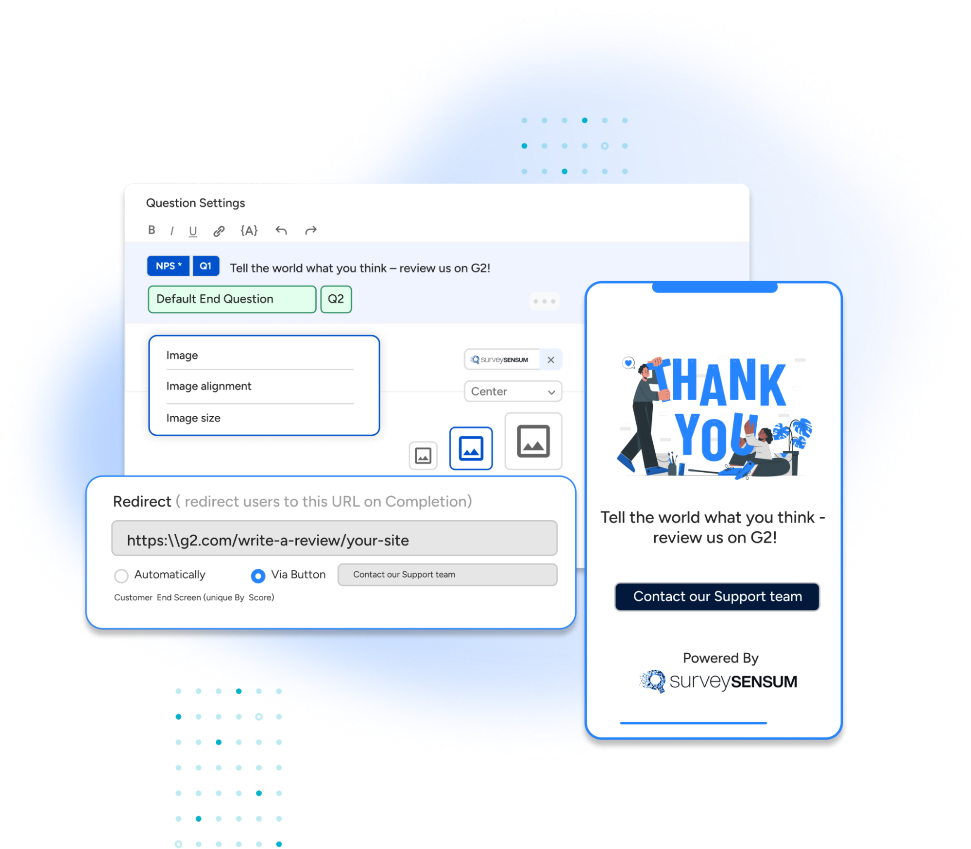 An image showing SurveySensum’s survey redirection feature of collecting reviews on G2, Google, etc.