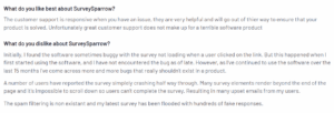 A screenshot of a customer review on Alchemer Survey from the G2 platform explaining what they like and dislike about the tool