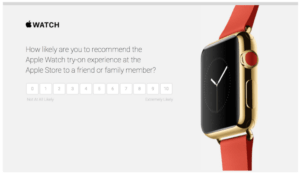 The image shows the event experience survey by Apple on the Apple watch try-on experience at the Apple store.