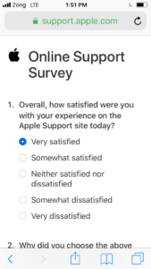 This image shows the post-customer support in-app survey by Apple where the customer is being asked to rate their experience with the customer support call.
