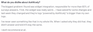  A screenshot of AskNicely customer support review given on G2 review talking about limited integration