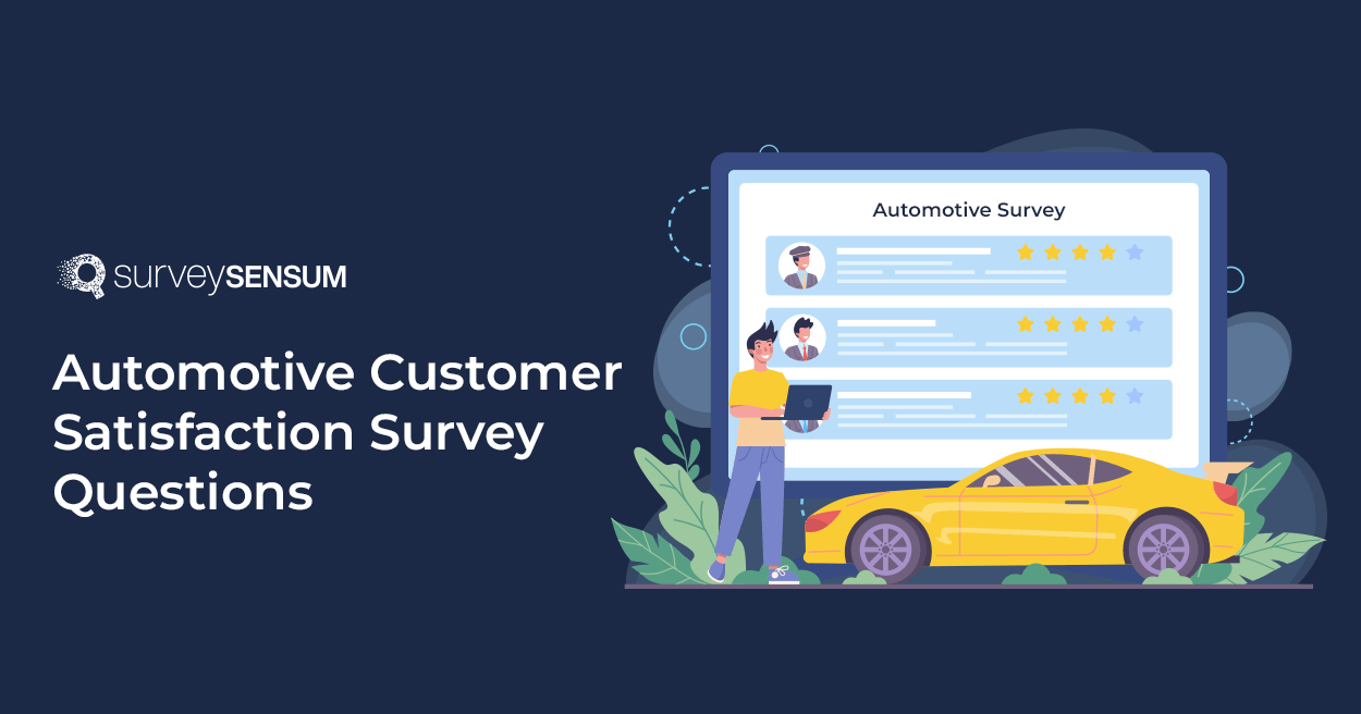 This is the banner image of automotive customer satisfaction survey questions blog where a dealership executive is doing an automotive survey with a customer who just bought a new car