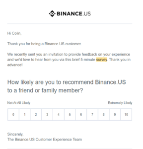 This image shows a personalized customer feedback email by Binance.US, addressing the customer by name.