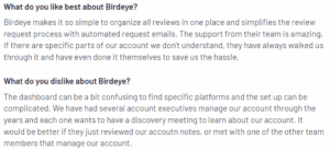 A screenshot of a customer review on Birdeye from the G2 platform explaining what they like and dislike about the tool