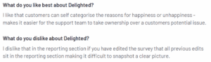 A screenshot of a customer review on Delighted from the G2 platform explaining what they like and dislike about the tool