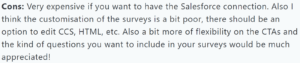 A screenshot of GetFeedback Customer Review on Capterra talking on poor survey customization