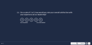 The images show an automotive customer satisfaction intender survey question where the customer is being asked to rate their likelihood of recommending the dealership to their friends and family.