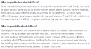 A screenshot of a customer review on Jotform from the G2 platform, highlighting what they appreciate and find lacking in the tool.