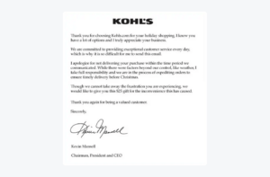 This image shows an apology email by Kohl’s CEO on the delay in delivery.