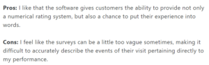 A screenshot of a customer review on Medallia from the Capterra platform explaining what they like and dislike about the tool