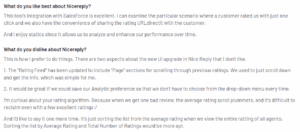 A screenshot of a customer review on Nicereply from the G2 platform explaining what they like and dislike about the tool