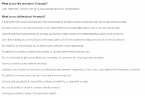 A screenshot of a customer review on Nicereply from the G2 platform explaining what they like and dislike about the tool