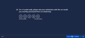 An image showing a Product Quality Survey created using the SurveySensum tool. It asks participants to rate their satisfaction with the car model they recently purchased from our dealership on a scale of 1 to 5, where 1 is 'not satisfied at all' and 5 is 'extremely satisfied,' aiming to enhance the automotive customer experience.