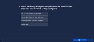 An image showing a product review request survey created on the SurveySensum tool asking - Would you kindly share your thoughts about our product? We'd appreciate your feedback to help us improve.