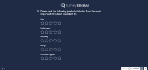 An image showing a ranking product survey question, created on the SurveySensum tool asking - Please rank the following product attributes from the most important (1) to least important (5). 