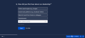 An image displaying a QVOC Intender Pre-sales Survey created using the SurveySensum tool, aimed at enhancing the automotive customer experience. It inquires about how you first learned about our dealership, with options including online search engines like Google, social media platforms like Instagram, Facebook, Twitter, word-of-mouth recommendations, advertisements, and others.