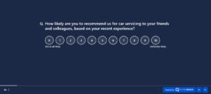An image showing a QVOC service survey created using the SurveySensum tool, soliciting automotive customer feedback. It asks, 'On a scale of 0 to 10, how likely are you to recommend us for car servicing to your friends and colleagues, based on your recent experience?