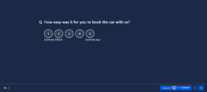 An image showing a QVOC sales survey created using the SurveySensum tool. It asks participants to rate their ease of booking the car from our dealership on a scale of 1 to 5, where 1 is 'extremely difficult' and 5 is 'extremely easy,' to enhance the automotive customer experience. 