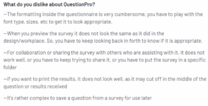 A screenshot of QuestionPro Customer Review talking about limited questionnaire formatting and functionality