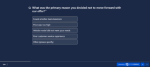 An image displaying a QVOC Rejecter Pre-sales Survey created using the SurveySensum tool, designed to improve the automotive customer experience. It inquires about the primary reason you decided not to proceed with our offer, with options including finding a better deal elsewhere, Price being too high, Vehicle model not meeting my needs, Poor customer service experience, and others.