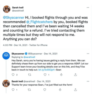The image shows the online complaint by a customer on a bad experience with Skyscanner and getting it resolved on the same day.